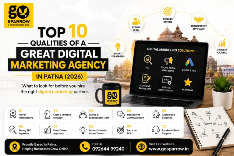 Featured image showcasing the top 10 qualities to look for when choosing a Digital Marketing Agency in Patna. The design highlights Go Sparrow with digital marketing services including SEO, Google Ads, social media marketing, content marketing, website development, branding, and data-driven strategies that help businesses achieve sustainable online growth.