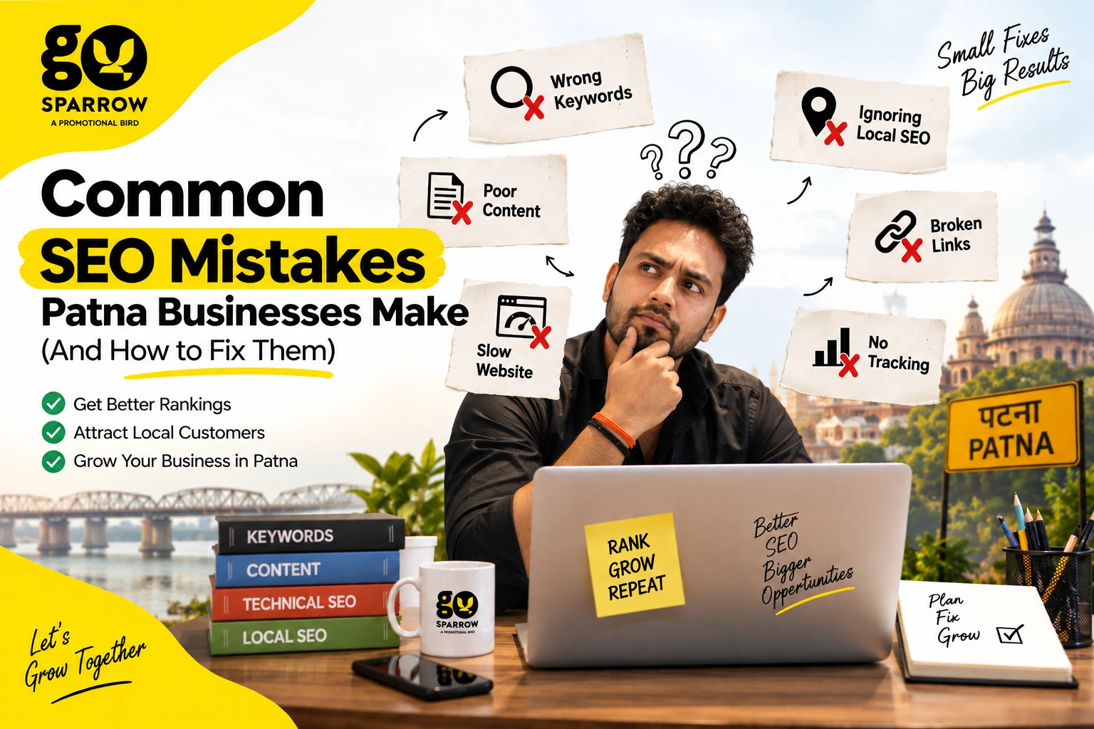 Common SEO mistakes Patna businesses make, including wrong keywords, poor content, slow websites, broken links, and ignored local SEO, with solutions from an SEO company in Patna