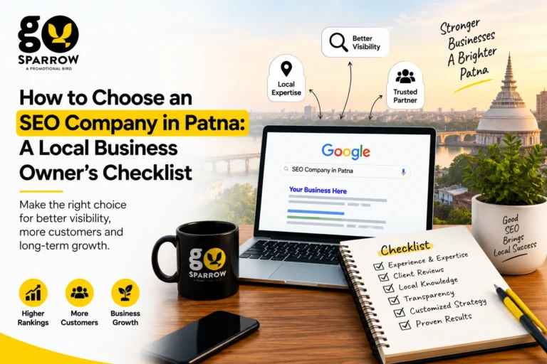 Checklist infographic showing how to choose the right SEO Company in Patna, covering local experience, SEO strategy, client reviews, services, reporting, and support