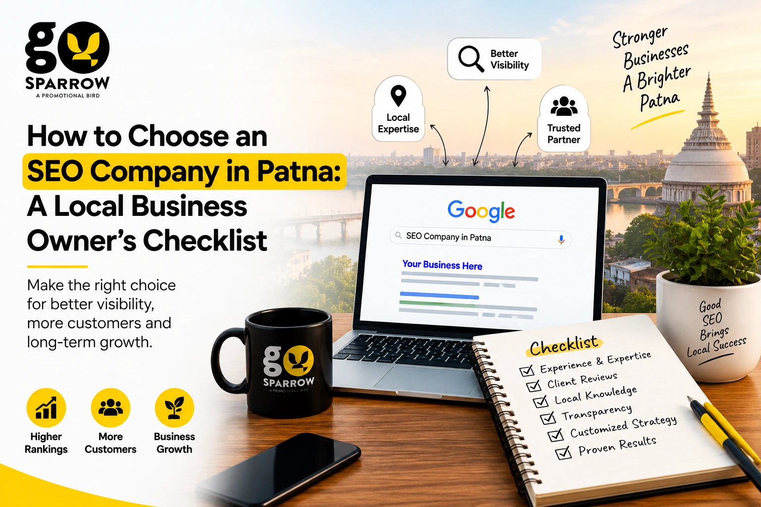 Checklist infographic showing how to choose the right SEO Company in Patna, covering local experience, SEO strategy, client reviews, services, reporting, and support