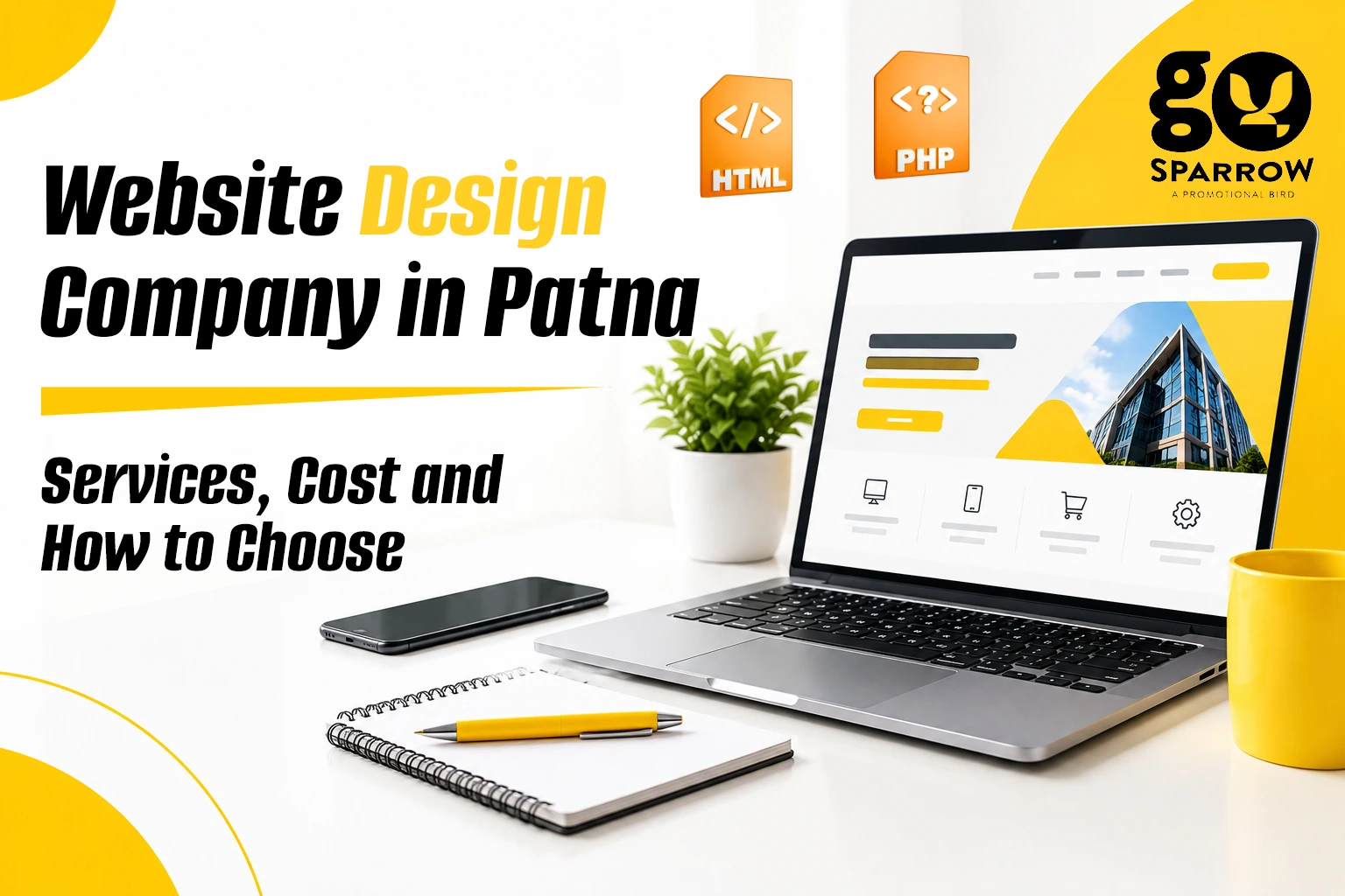 Website design company in Patna offering website design and development services, with a laptop displaying a modern business website layout.